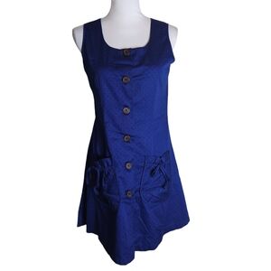 Lauren Ralph Lauren Blue Black Polka Button Up Dress Size Medium Apron Pockets